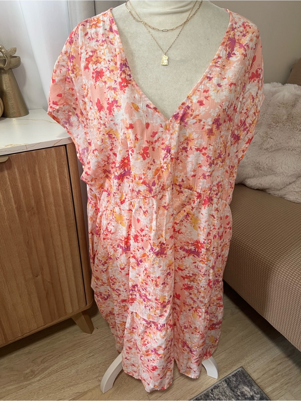 Time and Tru Pink Multi Floral V-Neck Sleep Dress